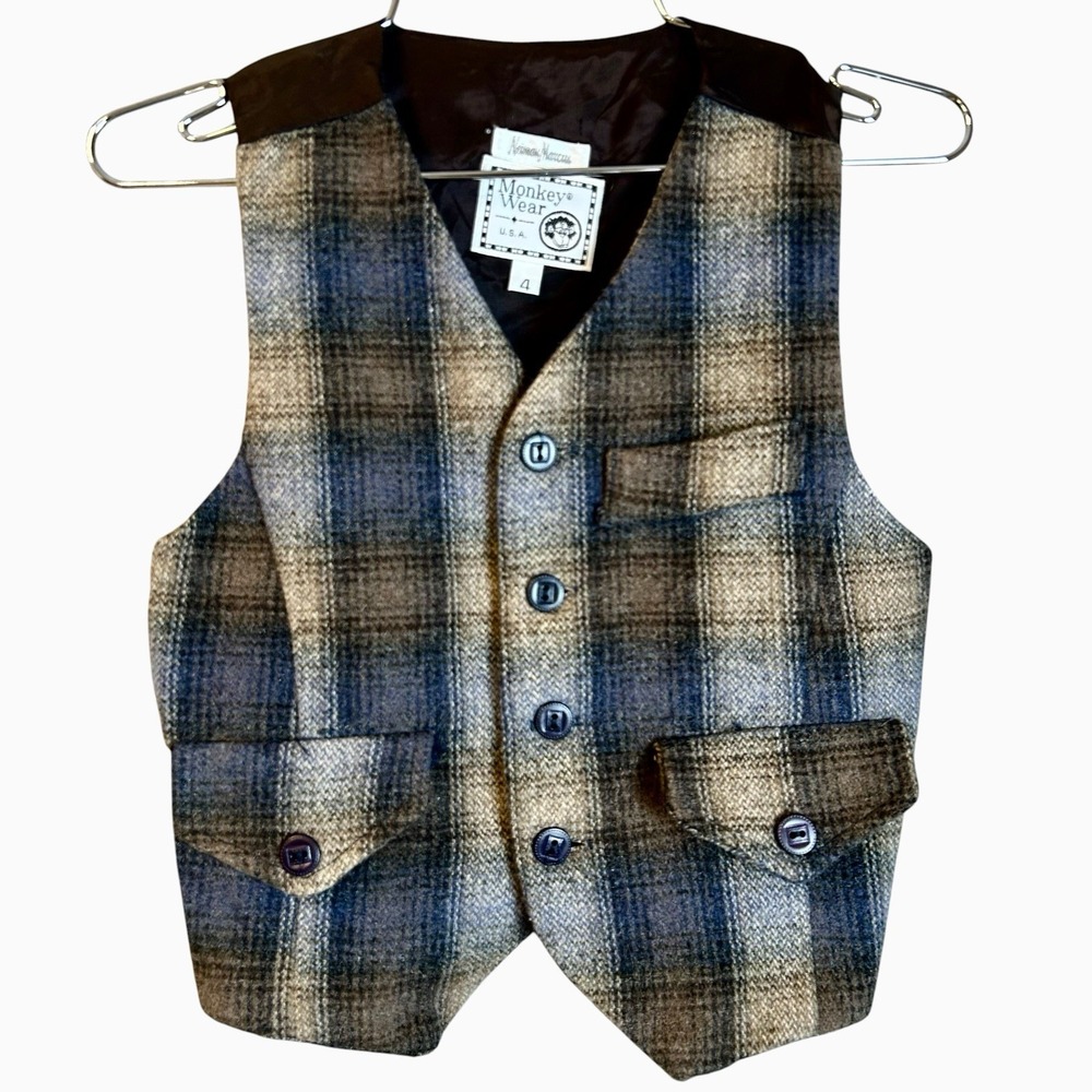 Vintage Nieman Marcus Monkey Wear Wool Plaid Dress Vest Boys Size 4 Made In USA